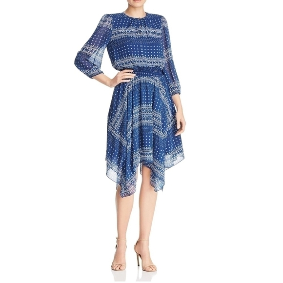 Shoshanna Pacific Geometric Print Handkerchief Dress in Navy White, sz 8 - Picture 1 of 14